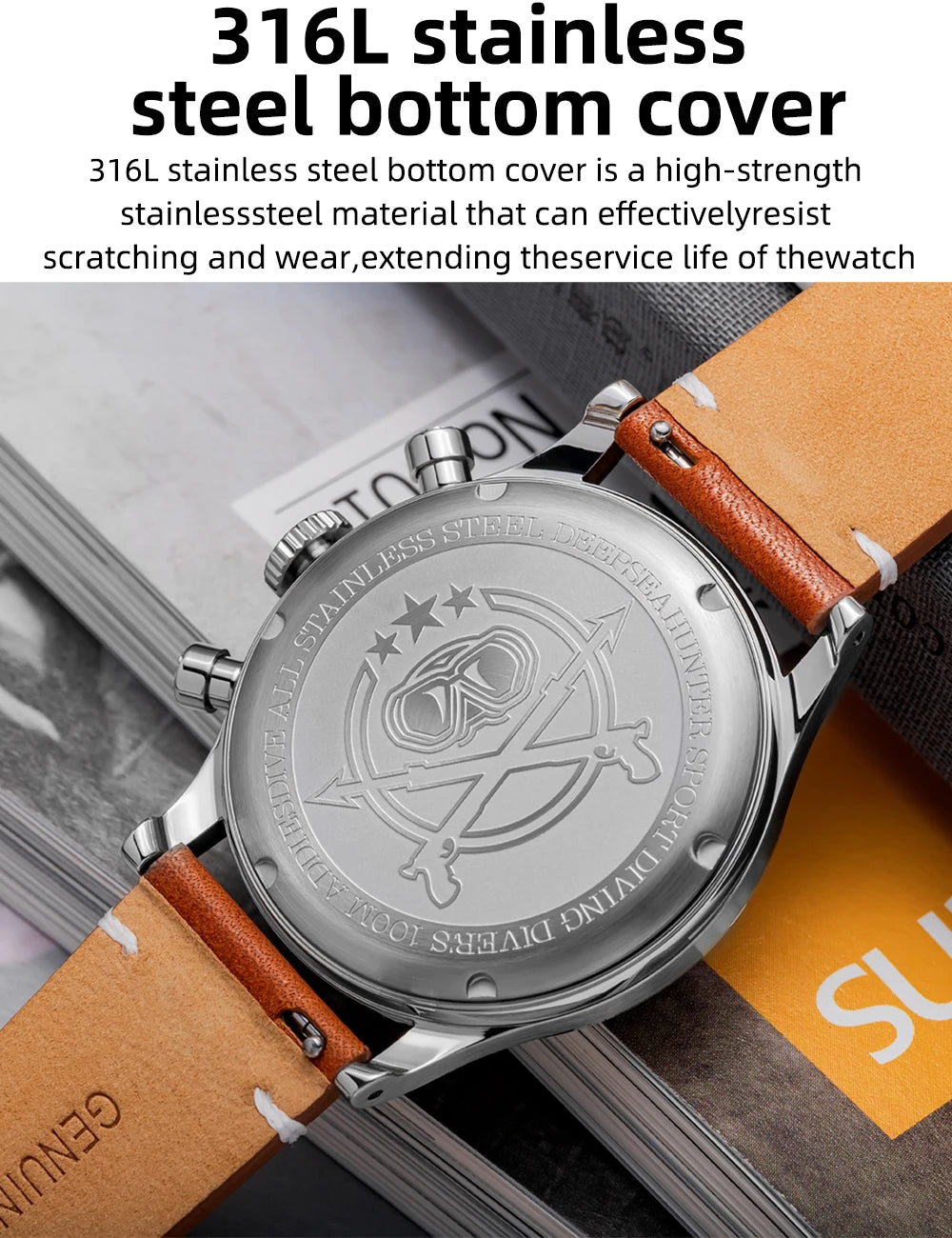 ADDIESDIVE AD2037 Men Quartz Watch Multifunctional 24 Hour Chronograph Black Dial Leather Watches  100m Dive Business Wristwatch