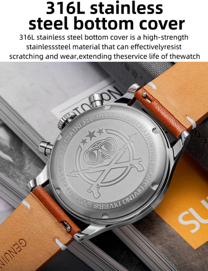 ADDIESDIVE AD2037 Men Quartz Watch Multifunctional 24 Hour Chronograph Black Dial Leather Watches  100m Dive Business Wristwatch