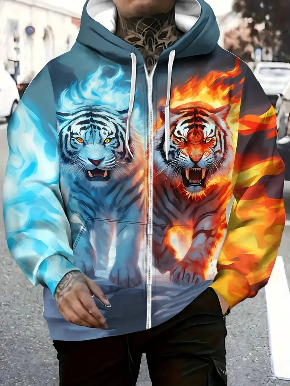 2025 Mens Long Sleeve Zip up Tiger Graphic Hoodie Casual Outdoor Fashion Coat with Drawstring and Pockets Zipup Hoodie for Man
