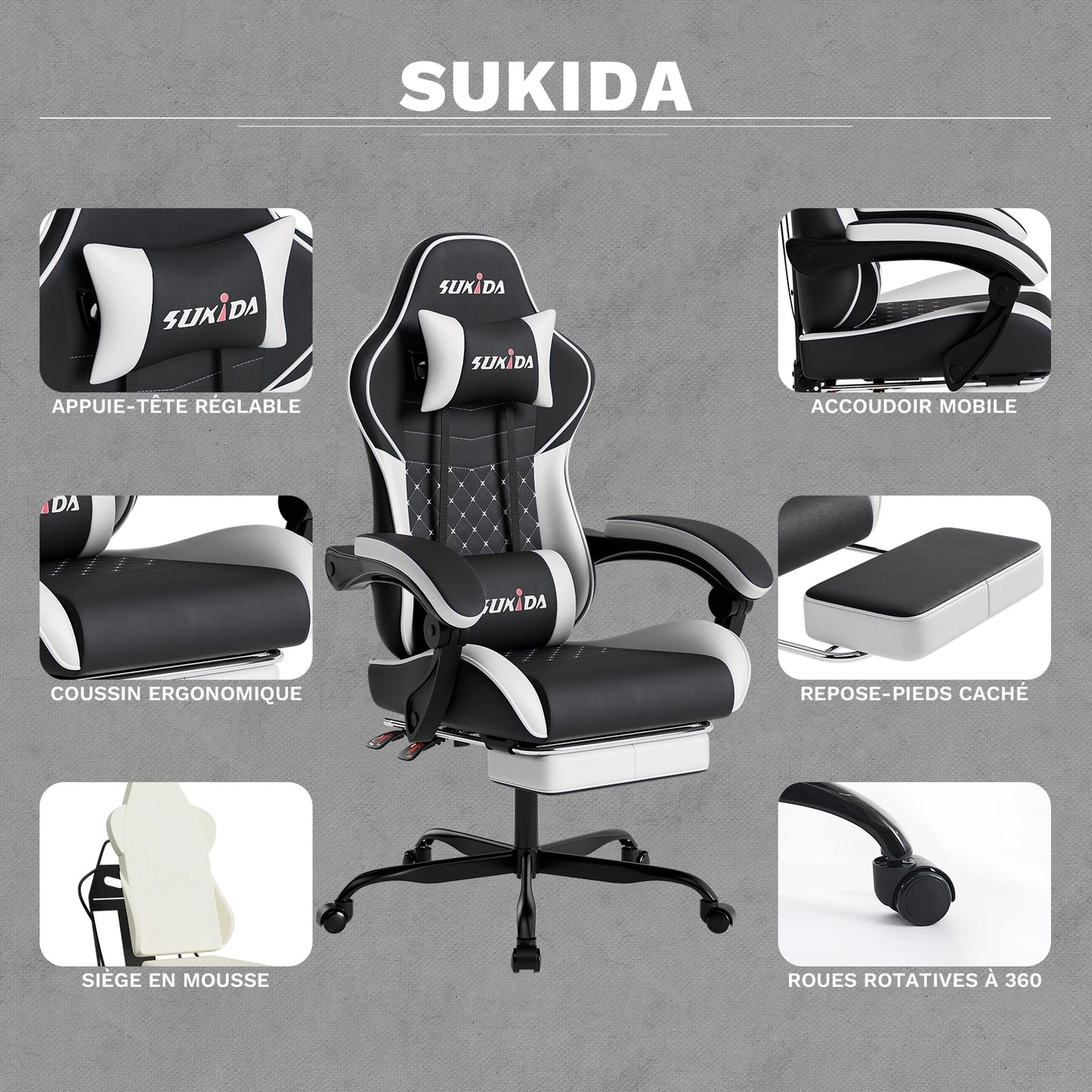 SUKIDA Gaming Chair Ergonomic Video Game Chair Comfortable Computer Chair with Footrest and Lumbar Support Office Chair