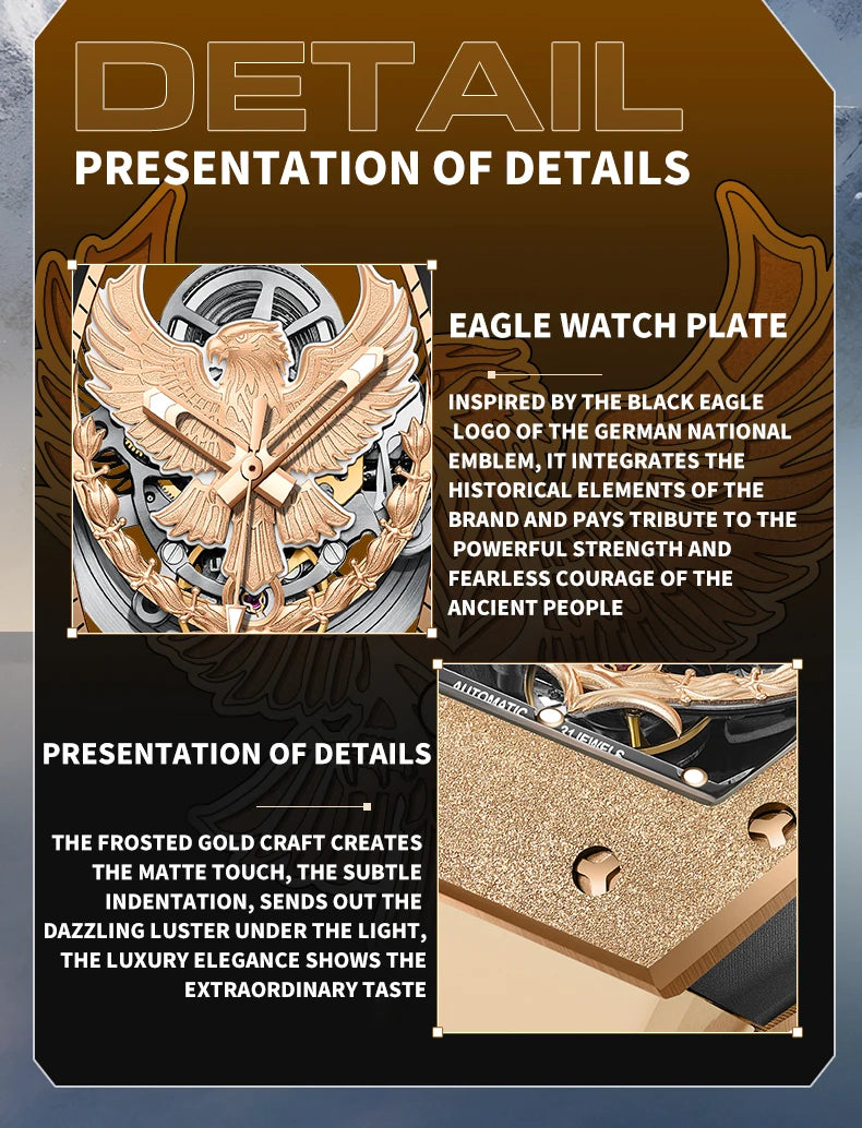 BONEST GATTI Luxury Men Hollow Automatic Mechanical Watches Tonneau Sapphire Crystal Luminous Hollow Eagle Dial Rubber Strapes