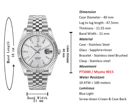 Cronos DateJ Luxury Men Watch Stainless Steel 5 Links Bracelet PT5000 Miyot 9015 100m Water Resistant Sapphire L6046M