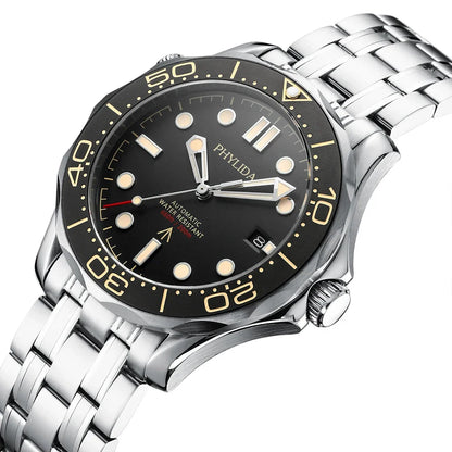PHYLIDA Black Dial PT5000 MIYOTA Automatic Watch DIVER 200M 007 NTTD Style Sapphire Crystal Solid Bracelet Waterproof 20Bar