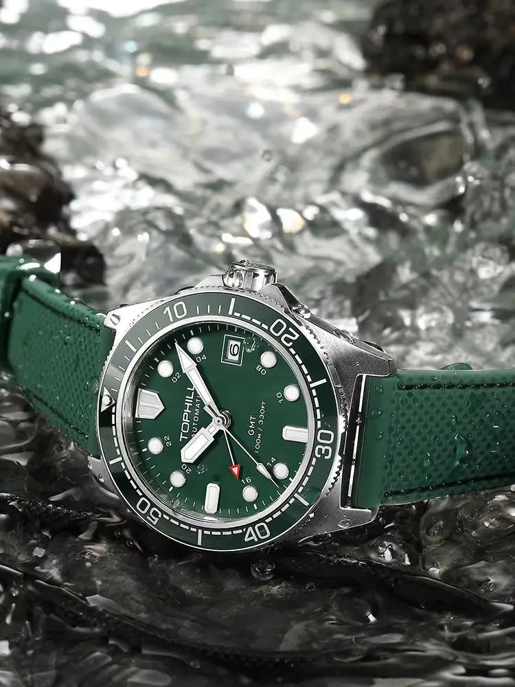 Tophill 39.5mm Automatic NH34 GMT Watch Swim 3H Date Window Mechanical C3 Green Lume 100M Waterproof Sapphire Crystal TD011G