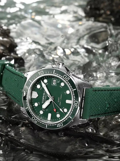 Tophill 39.5mm Automatic NH34 GMT Watch Swim 3H Date Window Mechanical C3 Green Lume 100M Waterproof Sapphire Crystal TD011G