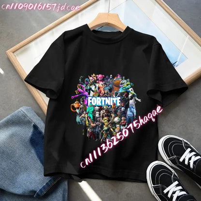 Fortnites Kids Black Cotton T-Shirt Fortress Night Baby Short Sleeve Tees Shirt Cartoon Boy Girl Summer Clothes Kawaii Tops Gift