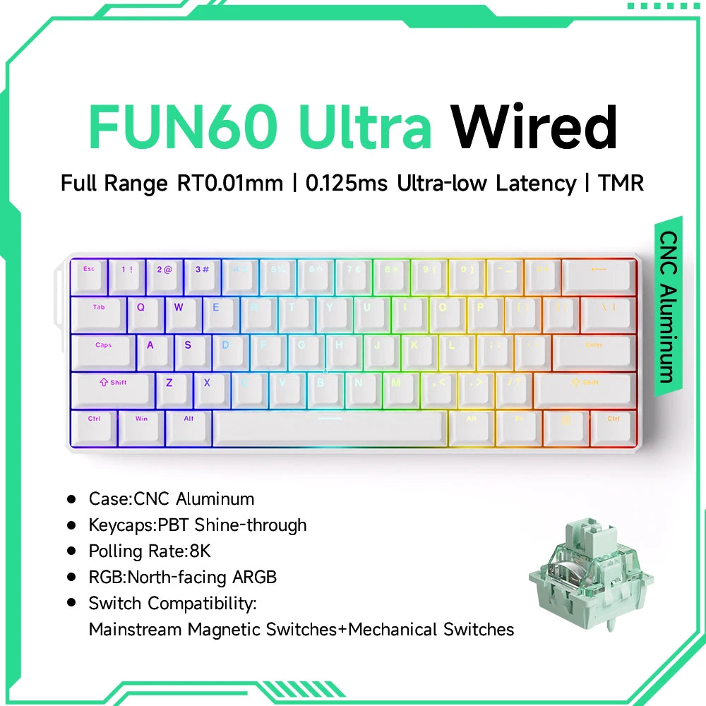 Teclado Mecânico Akko MonsGeek FUN60 com Switch Magnético, 60%, Teclado Gaming, Rapid Trigger 0.01mm, 8K, ARGB, HE/TMR, Teclado Personalizado