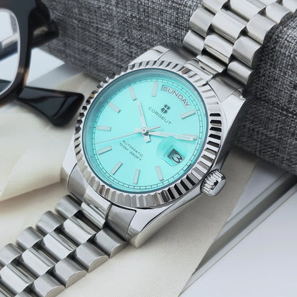Orologio meccanico da uomo CORGEUT NH36 con indicazione di giorno e data, bracciale President, cassa in acciaio, lunetta arcuata filettata, impermeabile