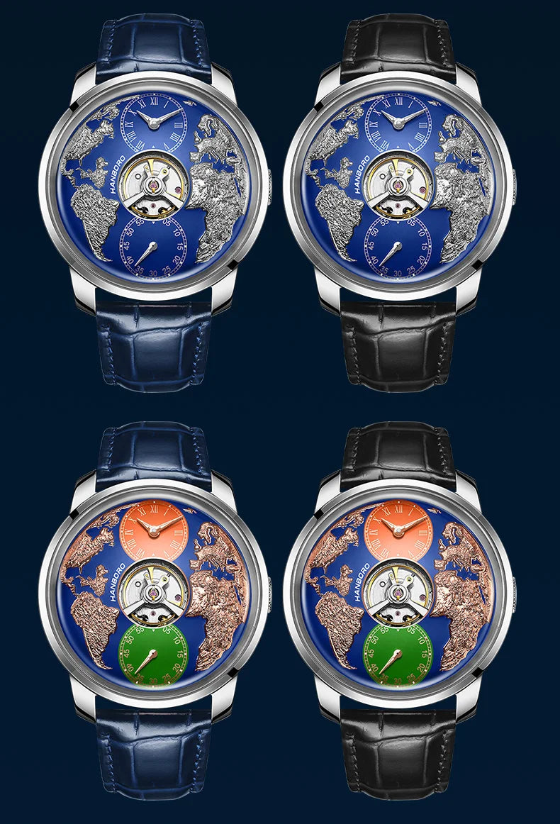 HANBORO World Time Series Men's Fully Automatic Mechanical Watch with Hollow Flywheel World Earth Personality Watch 1026