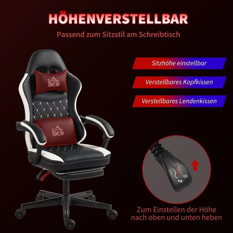 Gaming Chair with Footrest, Computer Chair with Headrest & Cushions, Faux Leather Upholstery, Swivel, Height-Adjustable