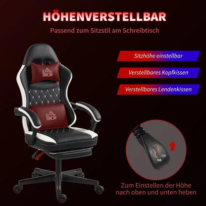 Gaming Chair with Footrest, Computer Chair with Headrest & Cushions, Faux Leather Upholstery, Swivel, Height-Adjustable