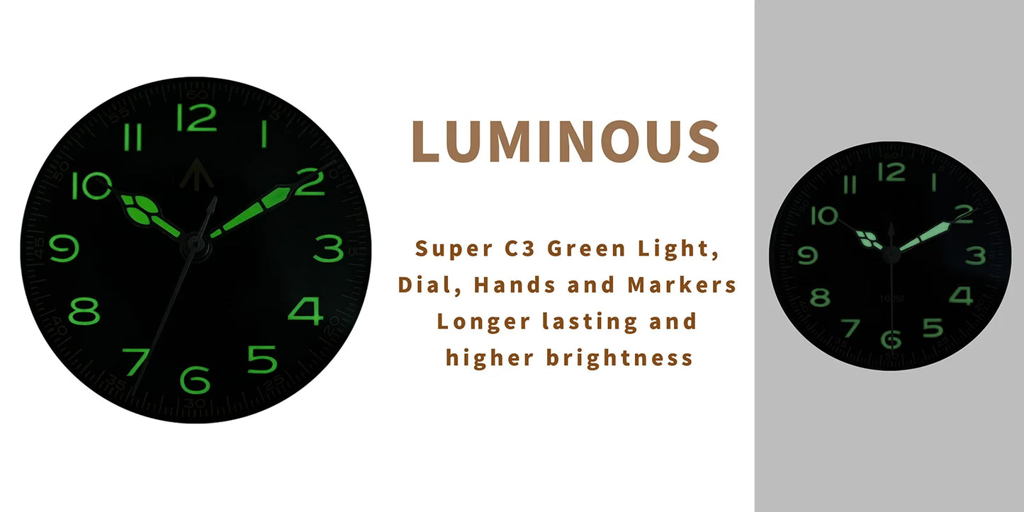 Militado ML08 Quartz Watch VH31 Movement Double Domed Sapphire Crystal Wristwatch Super C3 Green Luminous 38mm Vintage Watches