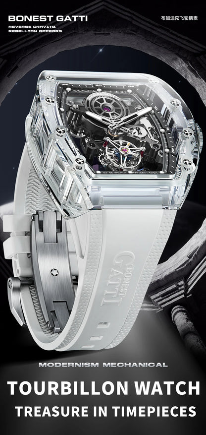 BONEST GATTI Luxury Men Automatic Tourbillon Watch Hollow Out Dial Crystal Case Sapphire Luminous Rubber Strap Wristwatch