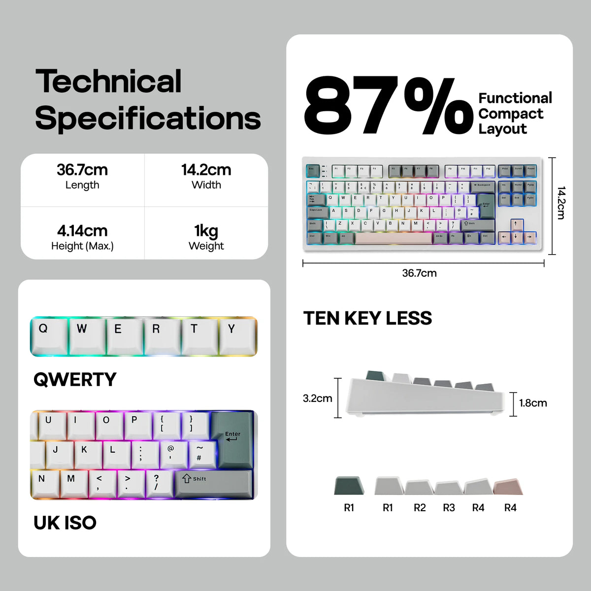 ISO-UK Layout EPOMAKER TH87 TKL Layout Wired/BT/2.4Ghz Wireless NKRO Mechanical Keyboard with 10000mAh Battery & RGB Light