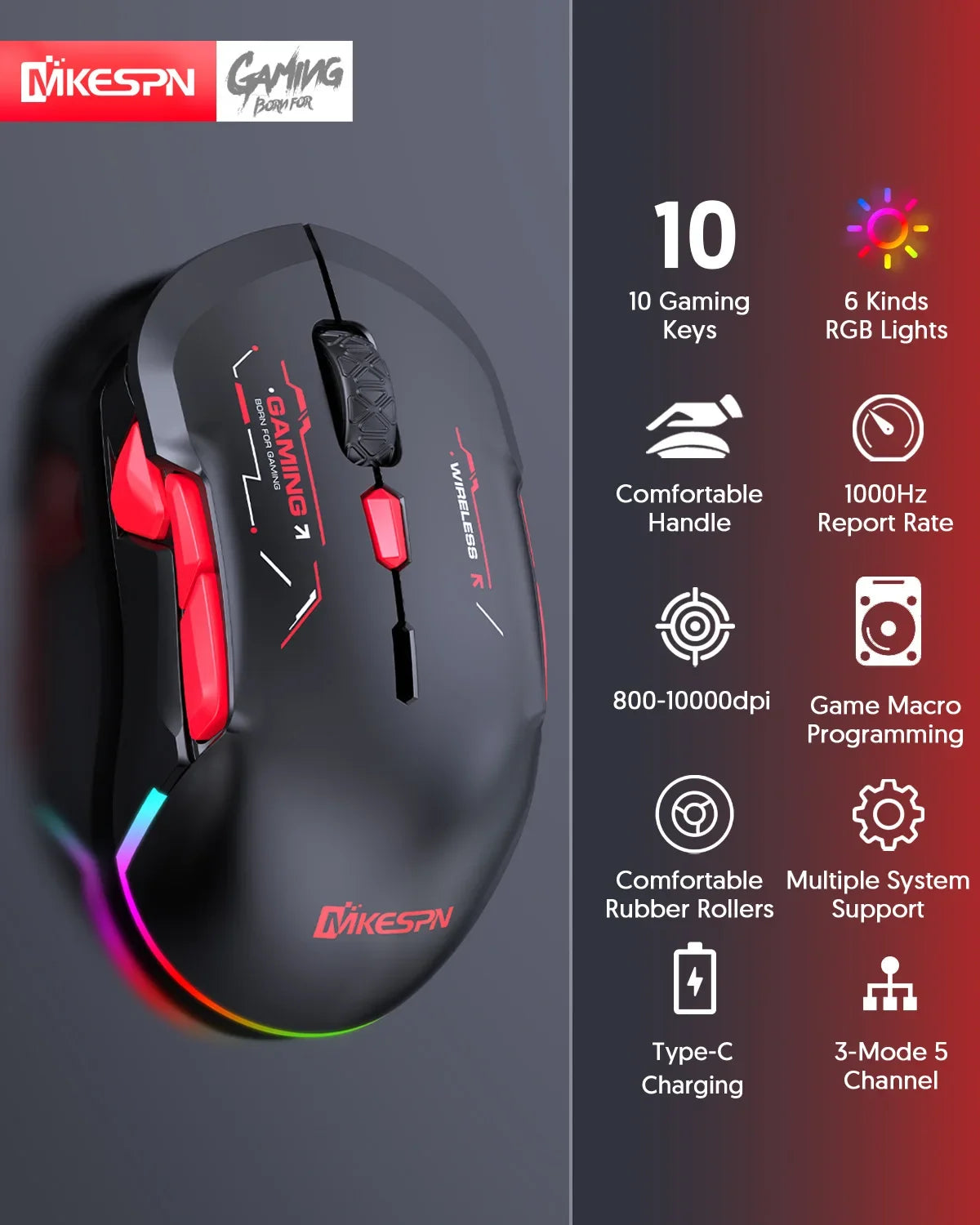 MKESPN W12 10-knappers makro-gamingmus til begge hænder, trådløs Bluetooth, multikanal, tri-mode, stor RGB, ergonomisk og ambidekstral