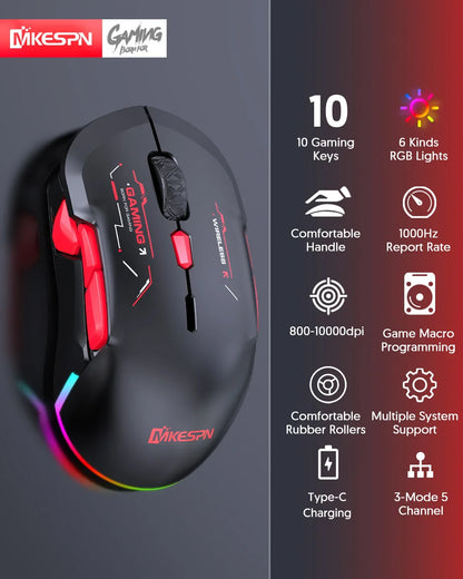 MKESPN W12 10-knappers makro-gamingmus til begge hænder, trådløs Bluetooth, multikanal, tri-mode, stor RGB, ergonomisk og ambidekstral
