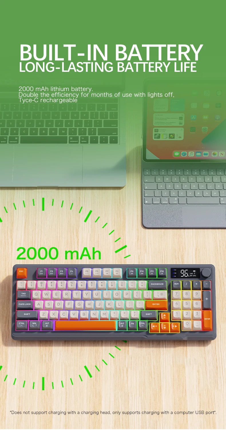 Tastiera wireless Bluetooth M96 FREEWOLF con display digitale, retroilluminazione RGB, batteria da 2000mAh e keycap PBT per PC/laptop