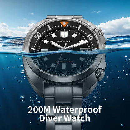 BERNY Automatic Dual Crown Diver Watch For Men Super Luminous Miyota 8215 Sapphire Swim Sport 20ATM Mechanical Men's Dive Watch