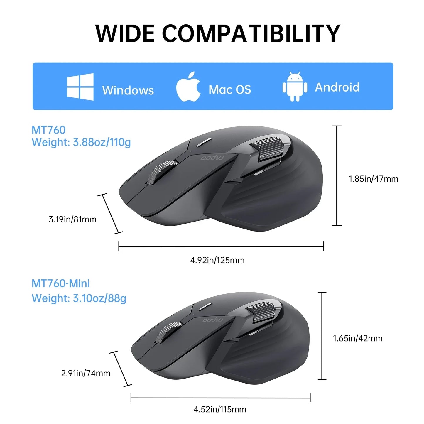 Rapoo MT760/MT760Mini Multi-mode Rechargeable Wireless Bluetooth Mouse Ergonomic 4000 DPI Support Up to 4 Devices Office Mice