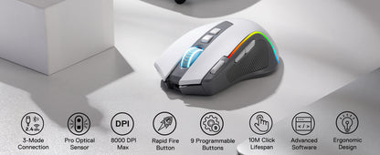 Redragon M612 PRO RGB BT 2.4G Gaming Gamer Mouse, 8000 DPI Wireless Optical 9 Programmable Buttons 7 Backlit Modes, B