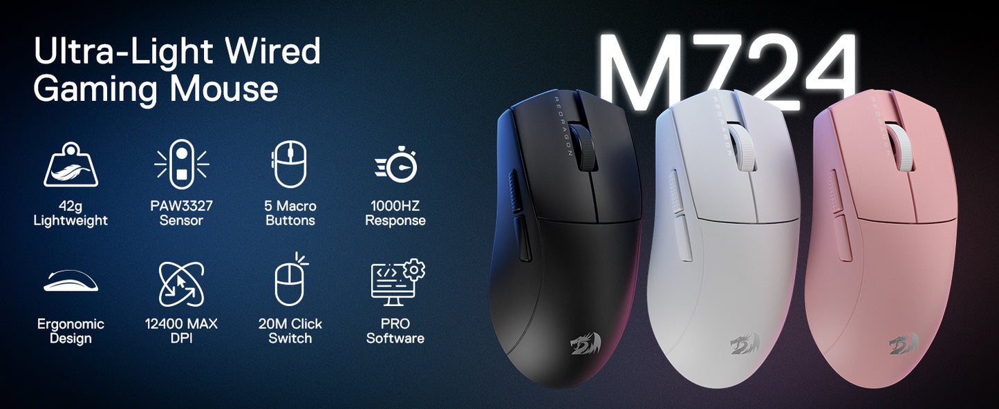Rato Gaming Redragon M724 com Fio 42G Ultraleve, 12,400 DPI Máx., Ótico, 5 Botões Programáveis